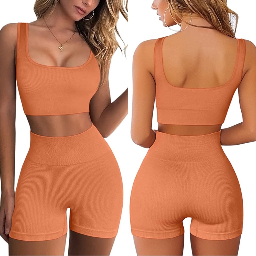 FAFOFA Orange Seamless Ribbed Workout Set